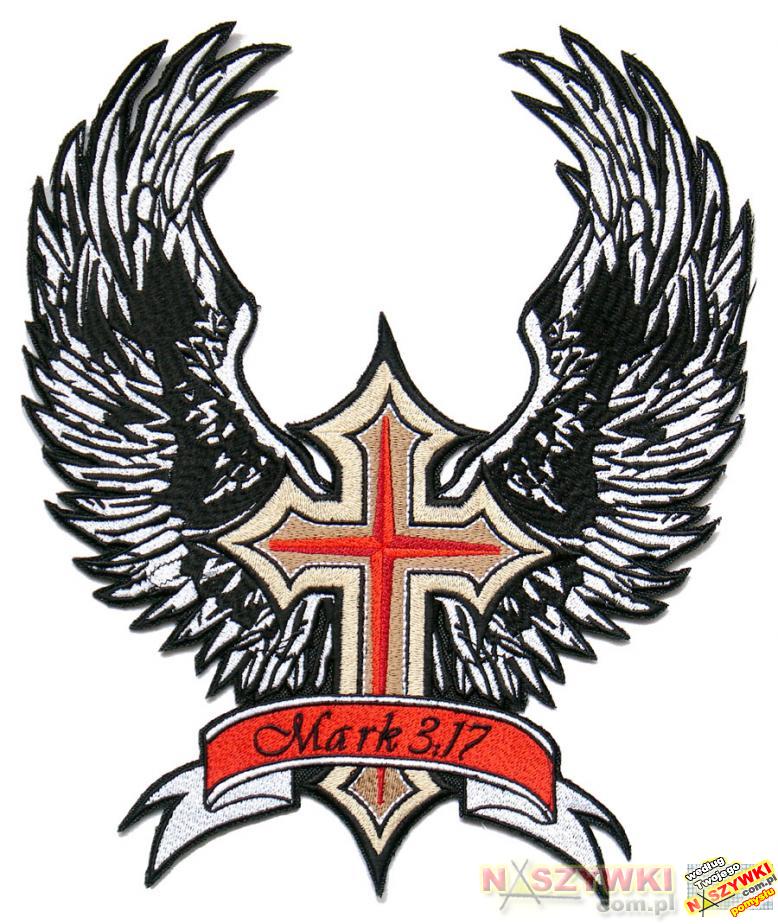Krzyż z wstęgą i dużymi skrzydłami